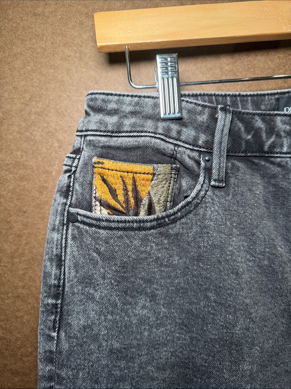 DRIFTWOOD Washed Black Straight Leg Jeans with Floral Patch Pockets - Picture 4 of 5
